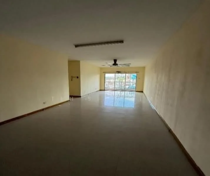 Room features: cream painted walls, tile flooring, 5-blade ceiling fan, large sliding glass door, floor-to-ceiling windows, natural light, open layout, view of outdoor space.