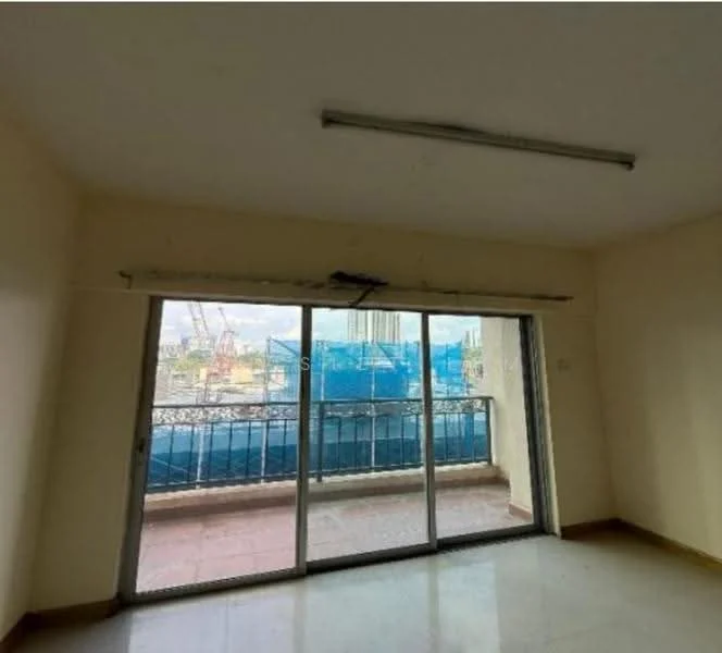 Room features: sliding glass door, balcony with railing, plain white walls, tile flooring, ceiling lights, view of construction site, natural light from large window; view: city.