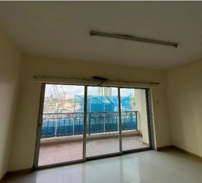 Room features: sliding glass door, balcony access, plain white walls, tile flooring, ceiling lights, view of construction site, blue tarpaulin, metal railing on balcony; view: city.