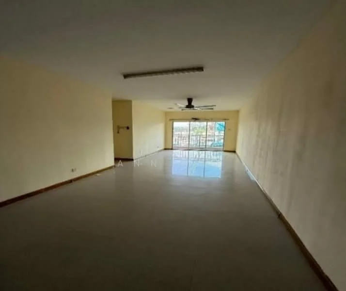 Room features: cream painted walls, tile flooring, 5-blade ceiling fan, large sliding glass door, natural light from windows, neutral color scheme, open layout, no visible furniture; style: modern; view: city.