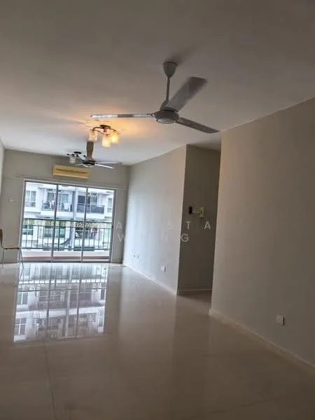 Living features: white painted walls, polished ceramic tile flooring, 5-blade ceiling fan with light, recessed downlights, floor-to-ceiling sliding glass door, balcony access, air conditioning unit, neutral color scheme; style: modern; view: city.