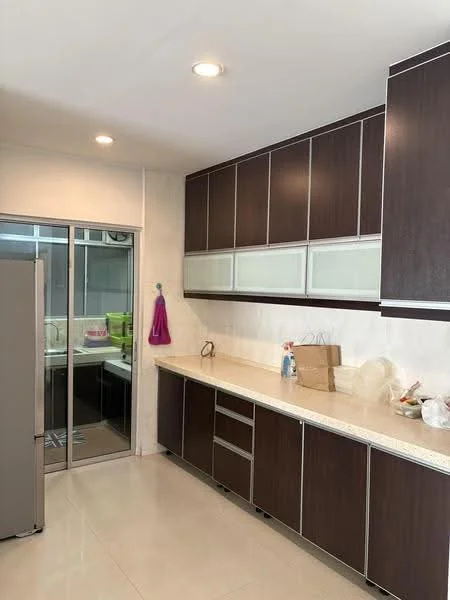 Kitchen features: dark wood cabinetry, white countertop, stainless-steel fridge, glass sliding door, tile flooring, recessed ceiling lights, sink, wall-mounted storage, kitchen utensils on countertop, open shelving, window with sheer curtains; style: modern.