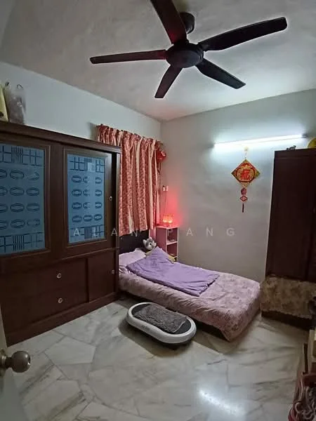 Bedroom features: single bed with purple bedding, ceiling fan, marble flooring, built-in wardrobe with sliding doors, curtains in orange, decorative wall light, wall-mounted decoration, plush toy on bed.