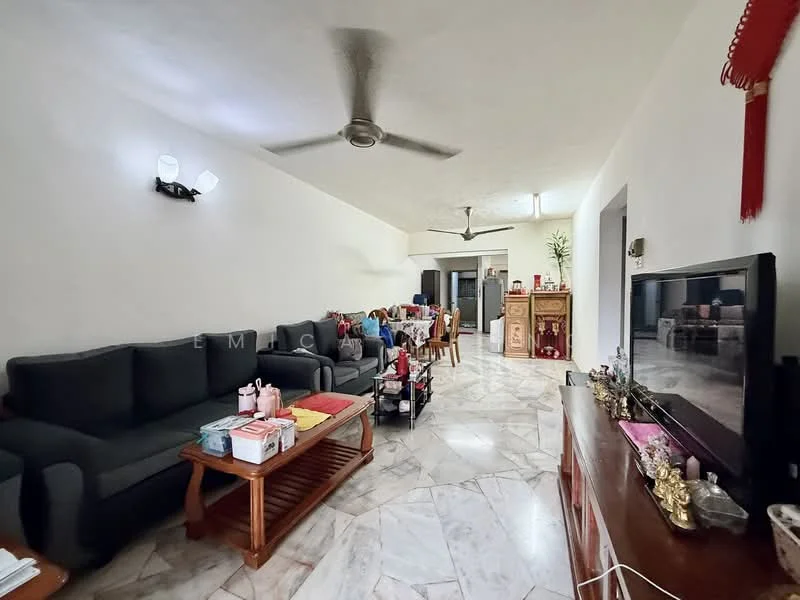 Living features: 3-seater fabric sofa in dark grey, 2-seater fabric sofa in dark grey, wooden coffee table, marble flooring, ceiling fan with light, wall-mounted TV, TV console, decorative items on console, area rug, decorative wall art, light fixtures on walls, open space layout; style: contemporary.