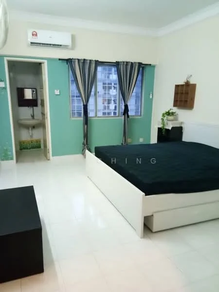 Bedroom features: king-size bed with black bedding, white bed frame, floor-to-ceiling window, green accent wall, white painted walls, sliding window treatments, air conditioning unit, black bedside table, decorative plant on shelf, built-in wardrobe, tile flooring; style: modern; view: city. Bathroom features: toilet, sink with mirror, white tiled walls, tile flooring.