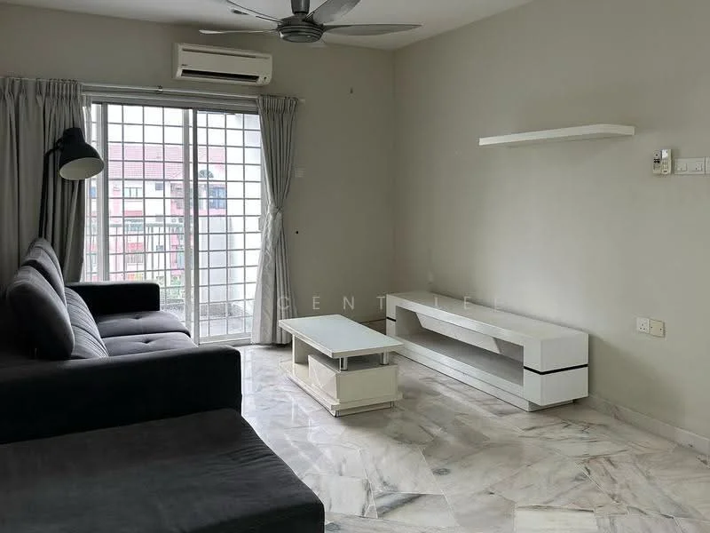 Living features: 3-seater fabric sofa in grey, coffee table in white, TV console in white, marble flooring, floor-to-ceiling windows, sheer curtains, 1 wall-mounted split AC, ceiling fan with light, light grey painted walls; style: modern.