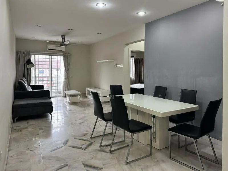 Living features: grey fabric sofa, white coffee table, floor-to-ceiling windows, curtains, 5-blade ceiling fan with light, marble tile flooring, recessed downlights, wall-mounted TV, decorative wall with grey paint; style: modern. Dining features: 6-seater dining table, black dining chairs, white tabletop, marble tile flooring; style: modern.