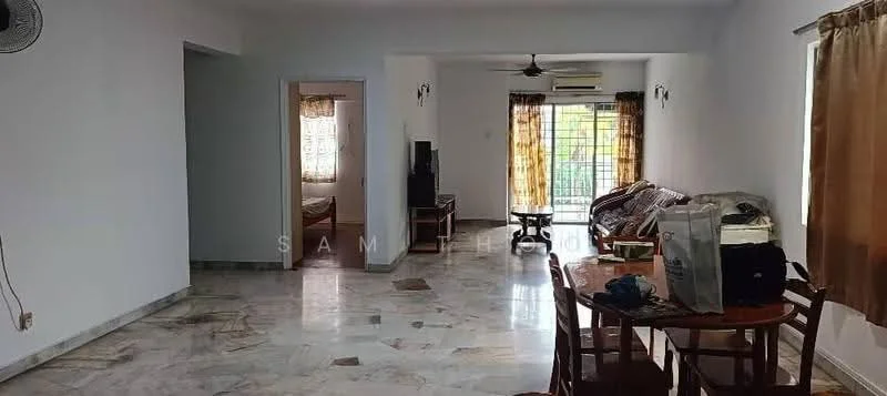 Living features: marble flooring, white painted walls, ceiling fan, sofa, coffee table, TV console, wall-mounted TV, window with sheer curtains, dining table with chairs, decorative items on table. Room features: white painted walls, marble flooring, window with sheer curtains.