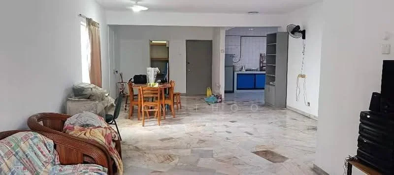 Living features: marble flooring, white painted walls, ceiling fan, sofa with patterned throw, wooden dining table with four chairs, open layout to kitchen, natural light from window, curtains, wall-mounted fan. Kitchen features: blue cabinetry, countertop, sink, kitchen appliances visible, open layout to living area.
