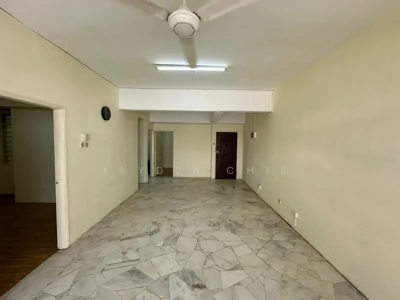 Room features: white painted walls, marble tile flooring, ceiling fan, wall clock, doorway leading to another room, door leading to the main entrance.