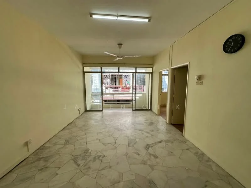 Living features: cream painted walls, marble flooring, 5-blade ceiling fan, large sliding glass door, floor-to-ceiling windows, wall clock, natural light from windows, open layout.