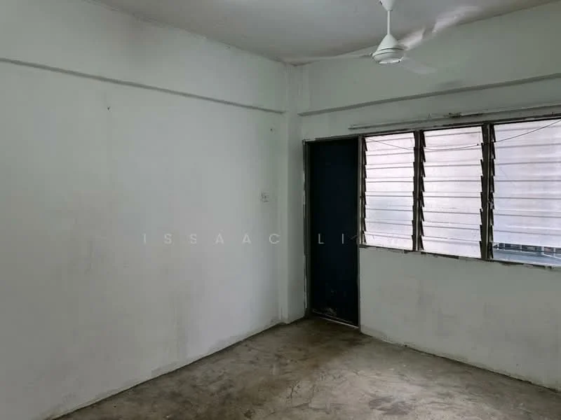 Room features: white painted walls, concrete flooring, ceiling fan, sliding windows, single door, natural light from windows.