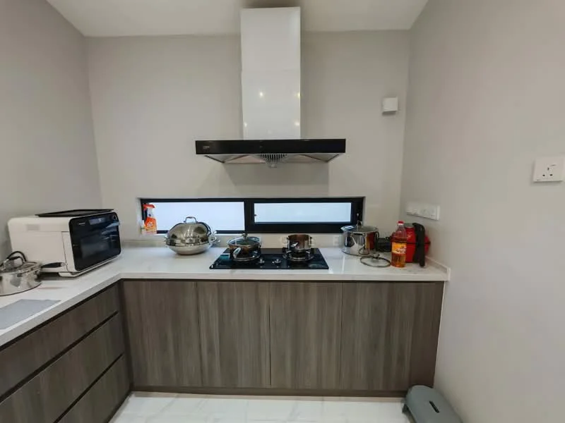 Kitchen features: white quartz countertop, wood cabinetry with a natural finish, stainless-steel gas hob, stainless-steel range hood, black framed window, microwave, stainless-steel pot, stainless-steel pan, red kettle, plastic storage container, grey trash bin; style: modern.