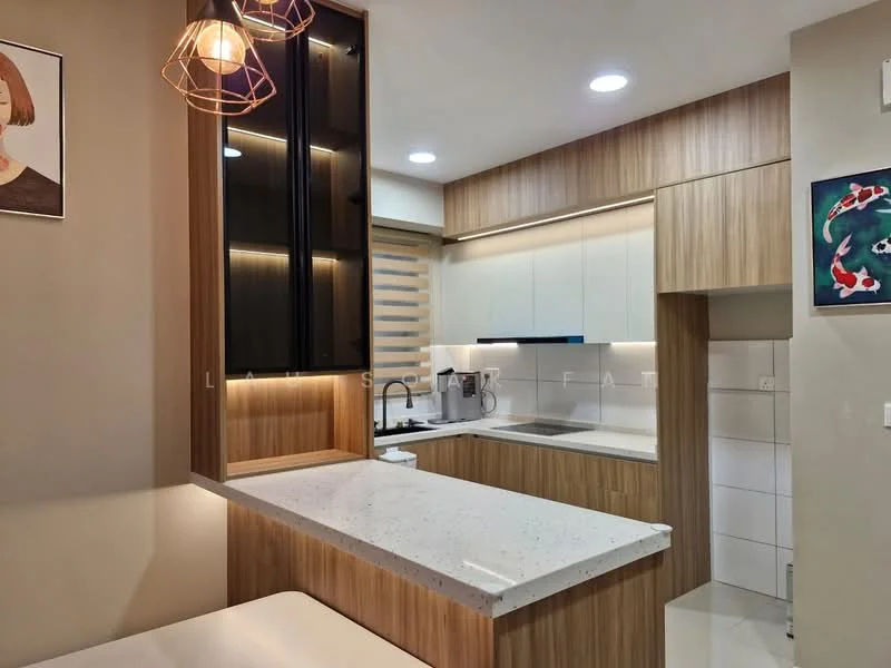 Kitchen features: white quartz countertop, wood cabinetry, black glass upper cabinets, built-in oven, stainless-steel sink, chrome pull-down faucet, recessed LED downlights, pendant light fixture, white tiled backsplash, open shelving, integrated cooktop, kitchen island with seating; style: modern.
