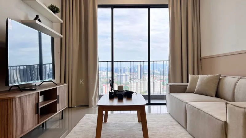 Living features: 3-seater fabric sofa in beige, wooden coffee table, TV console with storage, wall-mounted flat-screen TV, floor-to-ceiling windows, sheer curtains, city skyline view, light-colored walls, polished tile flooring; style: modern; view: city.