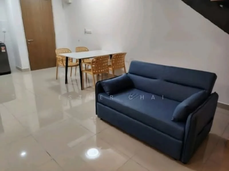 Living features: blue fabric sofa, 4-seater dining table, wooden dining chairs, white walls, glossy tile flooring, recessed downlights, air conditioning unit, open layout; style: modern.