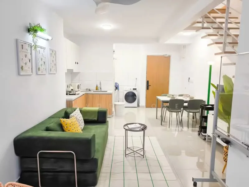 Living features: green fabric sofa, yellow patterned throw pillows, round coffee table, wall-mounted LED light, white painted walls, tile flooring, ceiling fan, open-plan layout; style: modern. Kitchen features: white cabinetry, stainless-steel sink, built-in stove, microwave, kitchen countertop, tile backsplash, open shelving; style: modern. Dining features: 4-seater dining table, grey dining chairs, open space layout; style: modern. Laundry features: front-load washing machine.