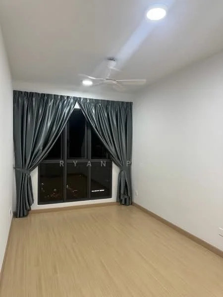 Bedroom features: light wood laminate flooring, white painted walls, 5-blade ceiling fan with light, floor-to-ceiling window, grey curtains, window with city view; style: modern; view: city.