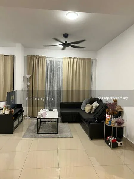 Living features: black leather sectional sofa, coffee table, TV console, wall-mounted TV, area rug, 5-blade ceiling fan with light, floor-to-ceiling windows with sheer curtains, cream curtains, laminate flooring, decorative plants, side table with decorative items; style: modern.