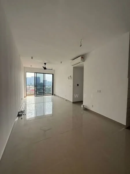 Living features: white painted walls, polished ceramic tile flooring, floor-to-ceiling windows, sliding glass door, 5-blade ceiling fan, recessed downlights, air conditioning unit, city view; style: modern; view: city.