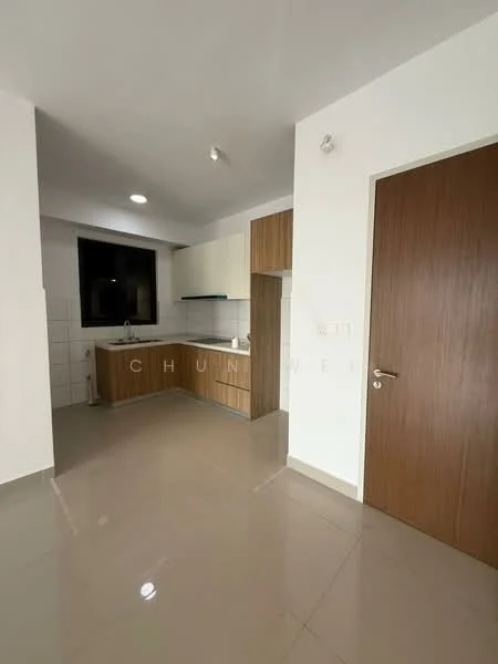 Kitchen features: white cabinets, brown wooden cabinetry, single-bowl stainless-steel sink, chrome pull-down faucet, white tiled backsplash, grey floor tiles, recessed ceiling lights, window with black frame, built-in countertop, door leading to another room; style: modern.