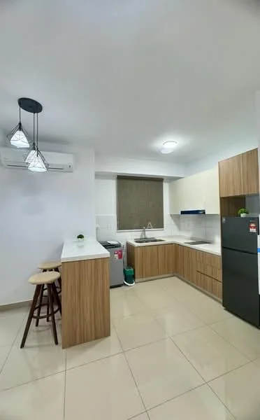 Kitchen features: white walls, tile flooring, ceiling light, 5-blade ceiling fan, kitchen island with seating, stainless-steel sink, chrome pull-down faucet, built-in oven, stainless-steel fridge, wood cabinetry, countertop with white surface, window with roller blinds, washing machine, open shelving; style: modern.