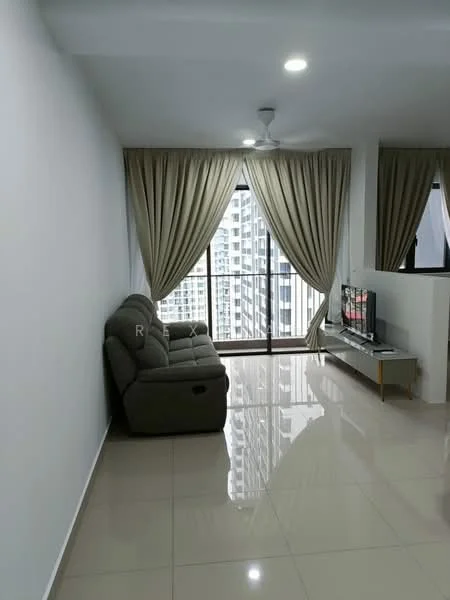 Living features: white painted walls, glossy ceramic tile flooring, 5-blade ceiling fan with light, floor-to-ceiling windows, sheer curtains, grey fabric sofa, TV console, wall-mounted TV, decorative mirror, area rug; style: modern; view: city.