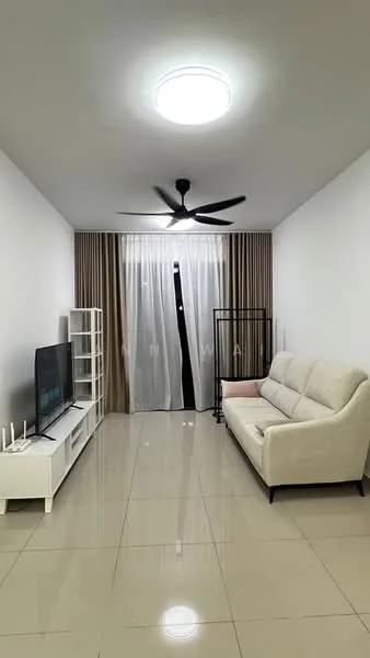 Living features: 3-seater fabric sofa in light beige, white TV console, wall-mounted TV, floor-to-ceiling windows with sheer curtains, light grey wall, polished ceramic tile flooring, 5-blade ceiling fan with light, decorative wall paneling, area rug; style: modern.