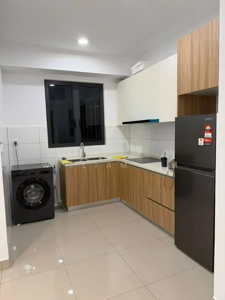 Kitchen features: white upper cabinets, wooden lower cabinets, stainless-steel sink, chrome pull-down faucet, black refrigerator, built-in washing machine, white tiled backsplash, grey tiled flooring, recessed downlights, window with black frame; style: modern.