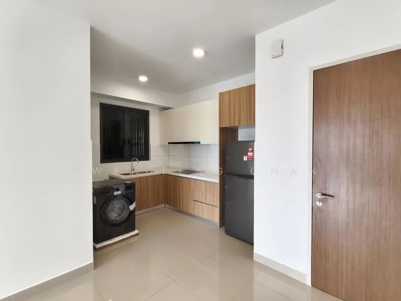 Kitchen features: white painted walls, light brown wooden cabinetry, grey countertop, single-bowl stainless-steel sink, chrome pull-down faucet, built-in fridge, freestanding washing machine, ceramic tile flooring, recessed downlights, window with black frame; style: modern.