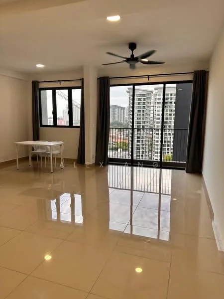 Living features: large floor-to-ceiling windows, grey curtains, white painted walls, recessed downlights, 5-blade ceiling fan, glossy ceramic tile flooring, dining table with chairs, open layout, city view, balcony access; style: modern; view: city.