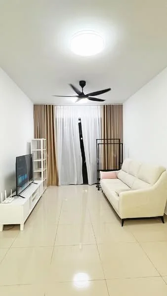 Living features: white painted walls, glossy tile flooring, 5-blade ceiling fan with light, sofa in cream fabric, TV console in white, wall-mounted TV, sheer curtains, floor-to-ceiling windows, decorative shelving unit, black clothing rack, area rug; style: modern.