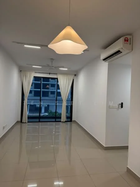 Living features: white painted walls, glossy ceramic tile flooring, 5-blade ceiling fan with light, recessed LED downlights, floor-to-ceiling windows, sheer curtains, sliding glass door, wall-mounted intercom, air conditioning unit; style: modern; view: city.
