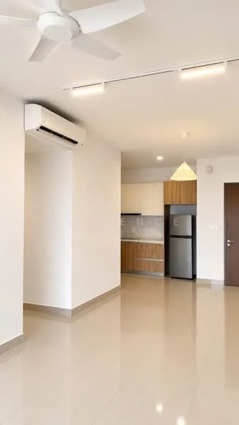 Living features: 5-blade ceiling fan with light, wall-mounted split AC, recessed LED downlights, pendant lamp, cream painted walls, glossy ceramic tile flooring, open layout to kitchen, kitchen cabinetry with wood finish, stainless-steel fridge, kitchen countertop, neutral color palette; style: modern.