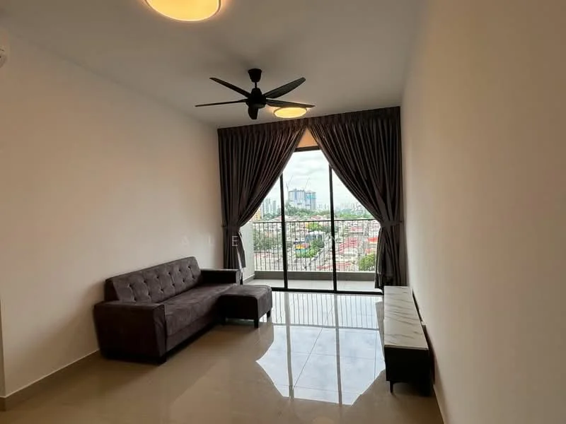 Living features: 3-seater fabric sofa in dark grey, floor-to-ceiling windows, blackout curtains, ceiling fan with light, polished tile flooring, TV console, city view, decorative wall, light fixture on ceiling; style: modern; view: city.