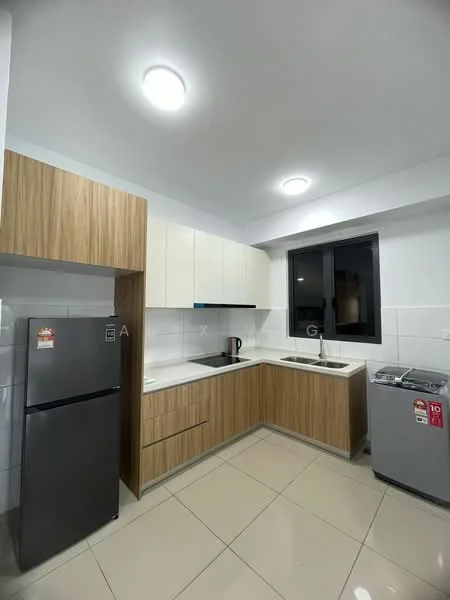Kitchen features: L-shaped kitchen layout, white upper cabinets, wooden lower cabinets, white countertop, stainless-steel sink, chrome pull-down faucet, built-in stove, refrigerator, washing machine, tile backsplash, recessed ceiling lights, grey tile flooring, window with black frame; style: modern.