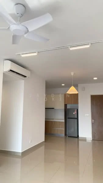 Living features: 5-blade ceiling fan with light, wall-mounted split AC, recessed LED downlights, pendant lamp, cream painted walls, glossy tile flooring, kitchenette with wooden cabinetry, stainless-steel fridge; style: modern.