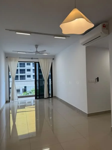 Living features: white painted walls, glossy tile flooring, 5-blade ceiling fan with light, recessed LED downlights, sliding glass door, floor-to-ceiling windows, sheer curtains, air conditioning unit, decorative pendant light; style: modern; view: garden.