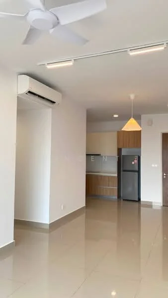 Living features: wall-mounted split AC, 5-blade ceiling fan with light, recessed LED downlights, glossy tile flooring, white painted walls, kitchen area with cabinetry, stainless-steel fridge, pendant light, open layout; style: modern.