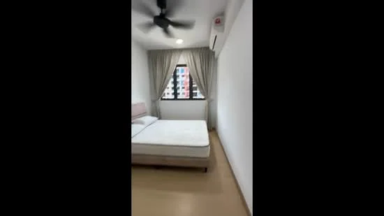 Bedroom features: queen-size bed, light wood flooring, white painted walls, ceiling fan, floor-to-ceiling window, sheer curtains, air conditioning unit, decorative wall panel; style: modern; view: city.