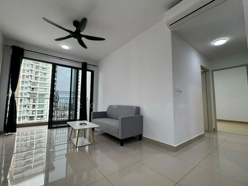 Living features: grey fabric sofa, coffee table, floor-to-ceiling windows, blackout curtains, 5-blade ceiling fan with light, recessed LED downlights, glossy tile flooring, white painted walls, air conditioning unit; style: modern; view: city. Room features: white painted walls, glossy tile flooring, doorway leading to another room.