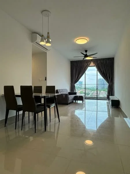 Living features: large floor-to-ceiling windows, grey curtains, 5-blade ceiling fan with light, recessed ceiling lights, polished ceramic tile flooring, black leather sofa, glass coffee table, dining table for four, black dining chairs, view of city skyline; style: modern; view: city.