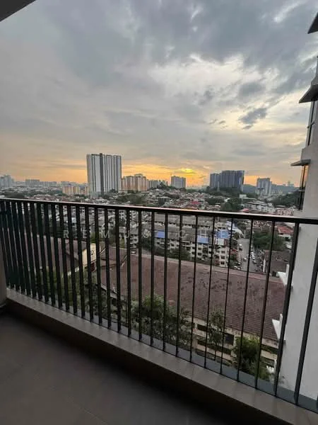 Balcony features: metal railing, grey tiled flooring, city skyline view, sunset lighting, surrounding buildings visible; style: modern; view: city.
