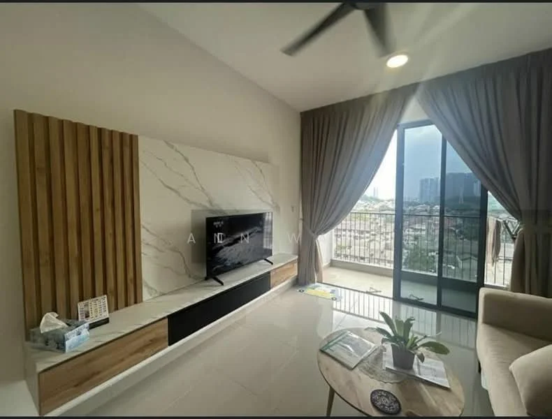 Living features: white marble feature wall, wood panel accent wall, wall-mounted TV, light-colored sofa, glass sliding door, floor-to-ceiling curtains, ceiling fan, recessed lighting, coffee table, decorative plant, area rug, balcony view; style: modern; view: city.