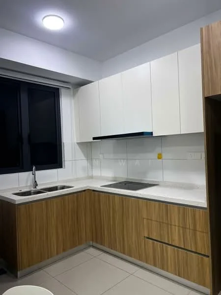 Kitchen features: white upper cabinets, wood lower cabinets, double-bowl stainless-steel sink, chrome pull-down faucet, white quartz countertop, white tiled backsplash, recessed downlights, window with black frame, ceramic tile flooring; style: modern.
