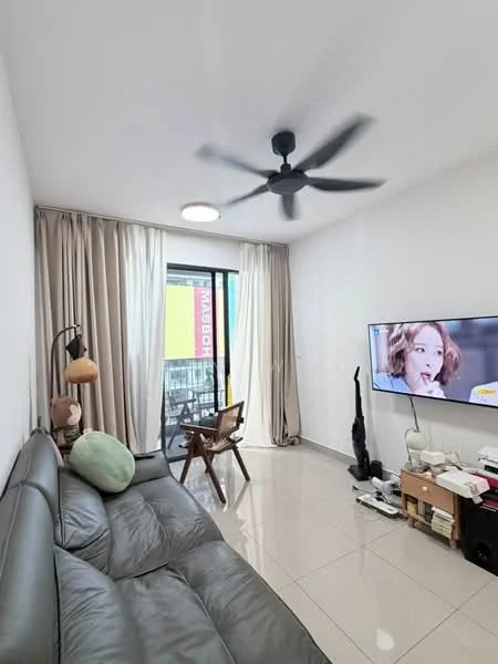 Living features: grey leather sofa, green decorative pillow, wooden armchair, wall-mounted TV, TV console, floor-to-ceiling windows, sheer curtains, 5-blade ceiling fan with light, recessed ceiling light, polished tile flooring, vacuum cleaner, decorative lamp; style: modern; view: city.