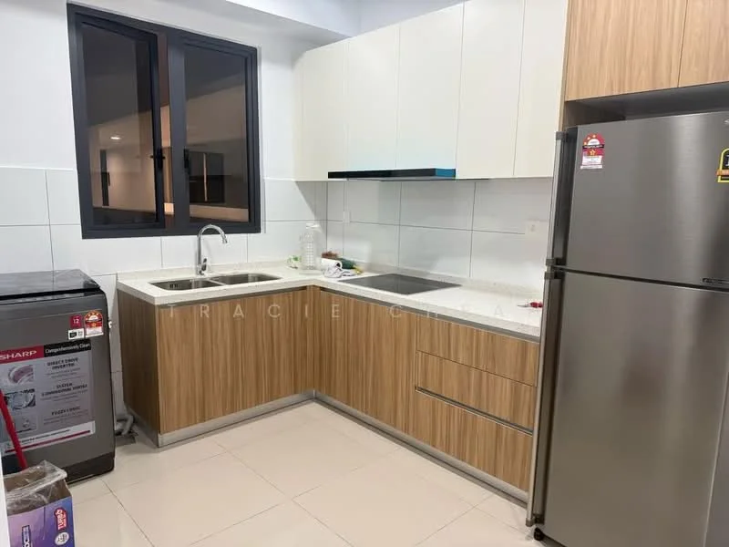 Kitchen features: single-bowl stainless-steel sink, chrome pull-down faucet, white quartz countertop, wood cabinetry with flat-panel design, built-in oven, freestanding stainless-steel fridge, ceramic tile flooring, white tiled backsplash, window with black frame, under-cabinet lighting; style: modern.