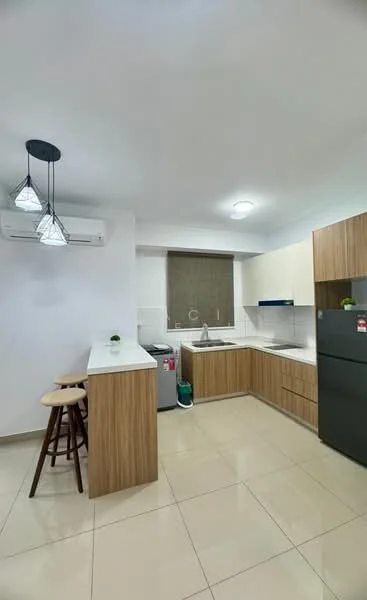 Kitchen features: white painted walls, cream cabinetry, wooden cabinetry, marble countertop, single-bowl stainless-steel sink, chrome pull-down faucet, built-in oven, freestanding range oven, refrigerator, 2-bar stools, tile flooring, 1 wall-mounted split AC, recessed downlights; style: modern.