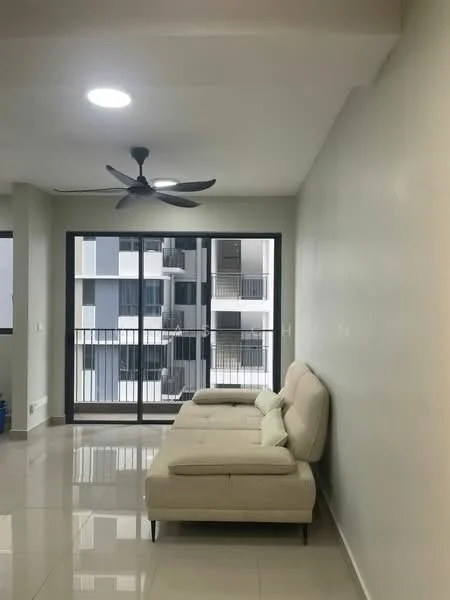 Living features: light-colored sectional sofa, 5-blade ceiling fan, large sliding glass door, floor-to-ceiling windows, white painted walls, glossy tile flooring, decorative cushions, natural light from balcony; style: modern; view: courtyard.