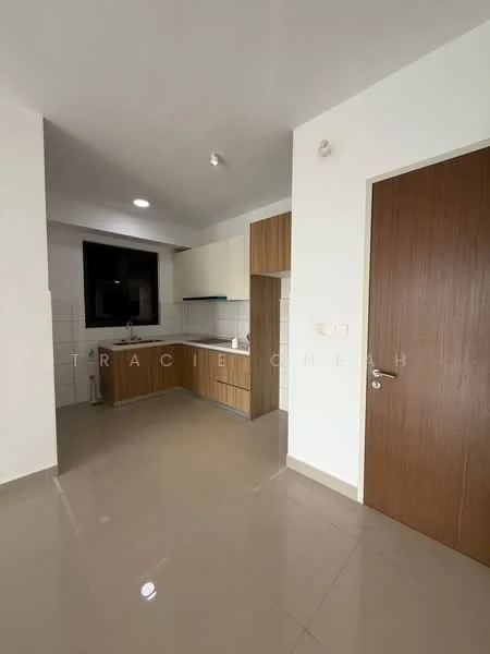 Kitchen features: white upper cabinets, brown lower cabinets, stainless-steel sink, chrome faucet, ceramic tile backsplash, white tiled walls, grey floor tiles, recessed downlights, built-in countertop, open layout, window for natural light; style: modern.
